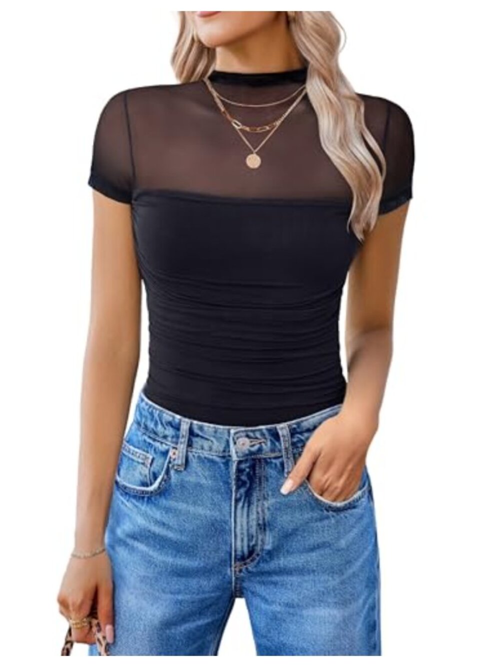 Short Sleeve Mesh Bodysuit Turtle Neck One Piece Thong Back Snap Closure